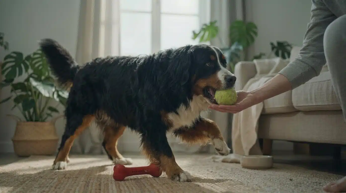 bernese mountain dog brings a tennis ball to its owner during a calm play invitation at home