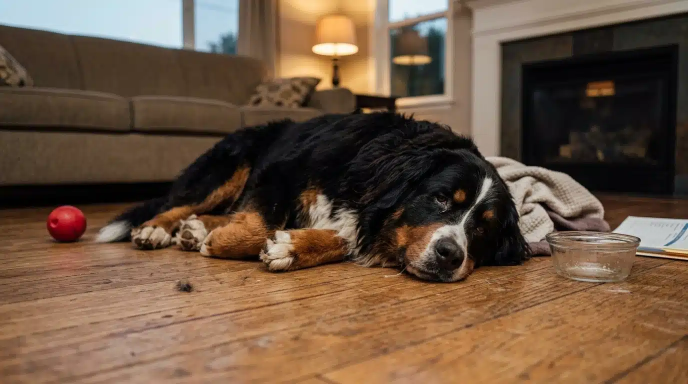 bernese mountain dog lying on wooden floor indoors near sofa fireplace and food bowl