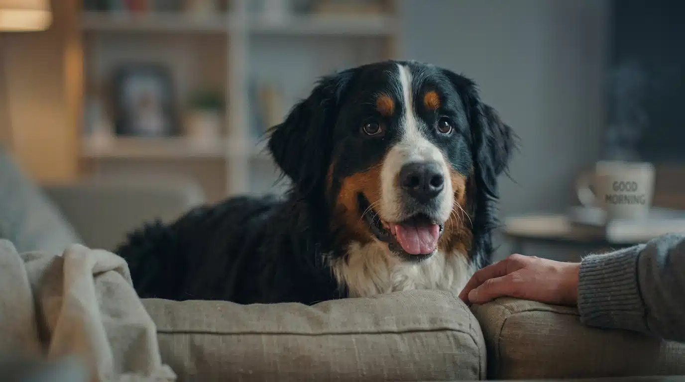 bernese mountain dog making soft eye contact with its owner while resting calmly on a sofa
