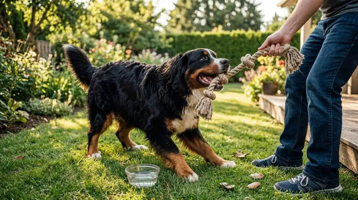 bernese mountain dog playing tug of war with rope toy in garden with owner