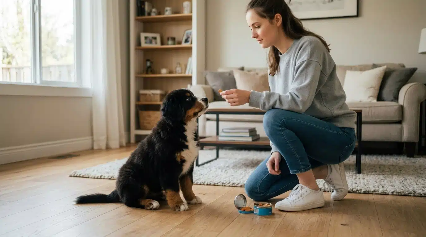 bernese mountain dog puppy learning positive reinforcement training