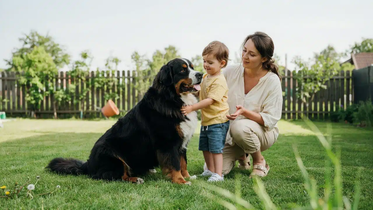 bernese mountain dog sitting beside family in backyard