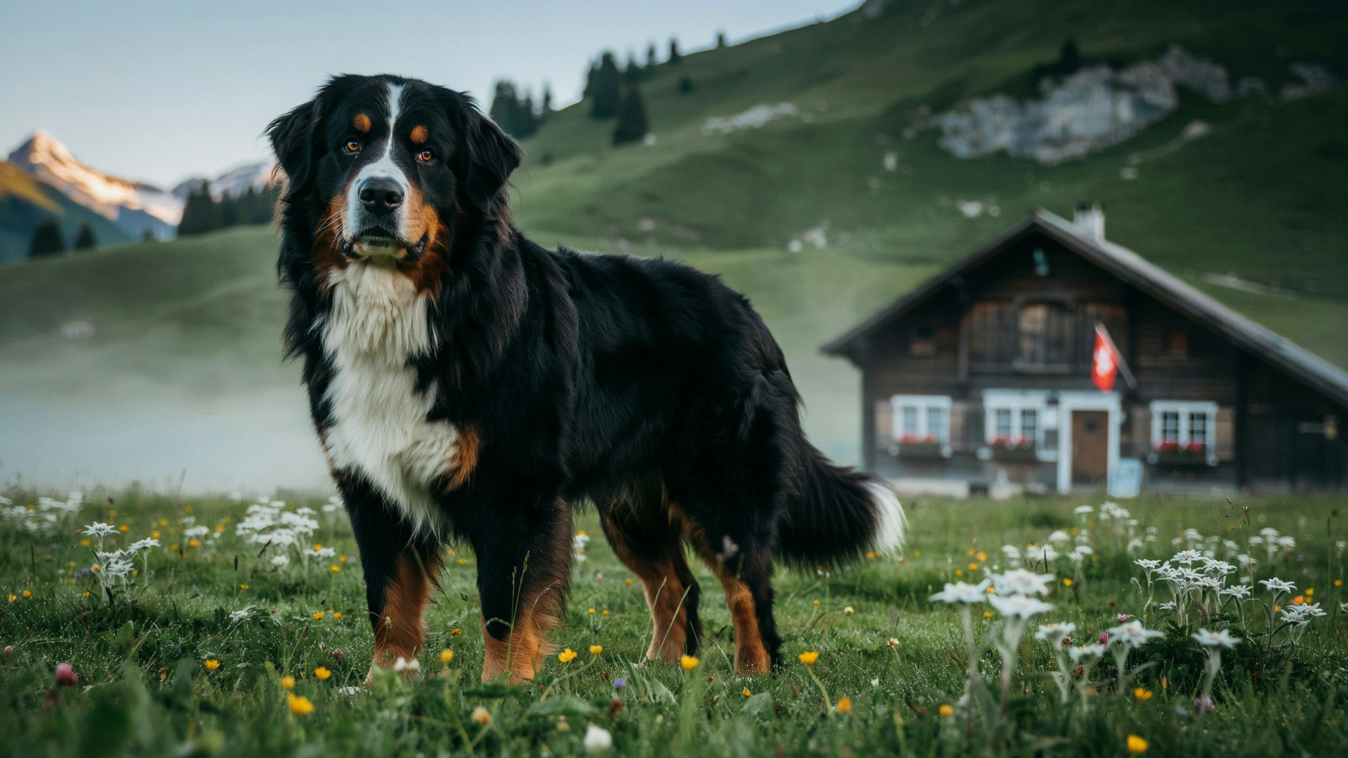 bernese mountain dog standing in a flower meadow with green hills and a cabin in the background