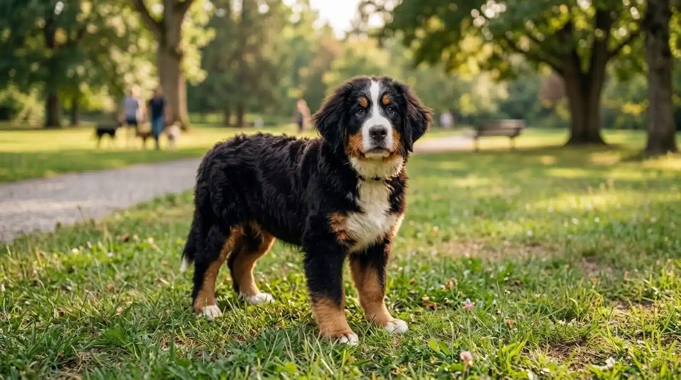 bernese mountain dog standing on grass in park with trees and walking path background
