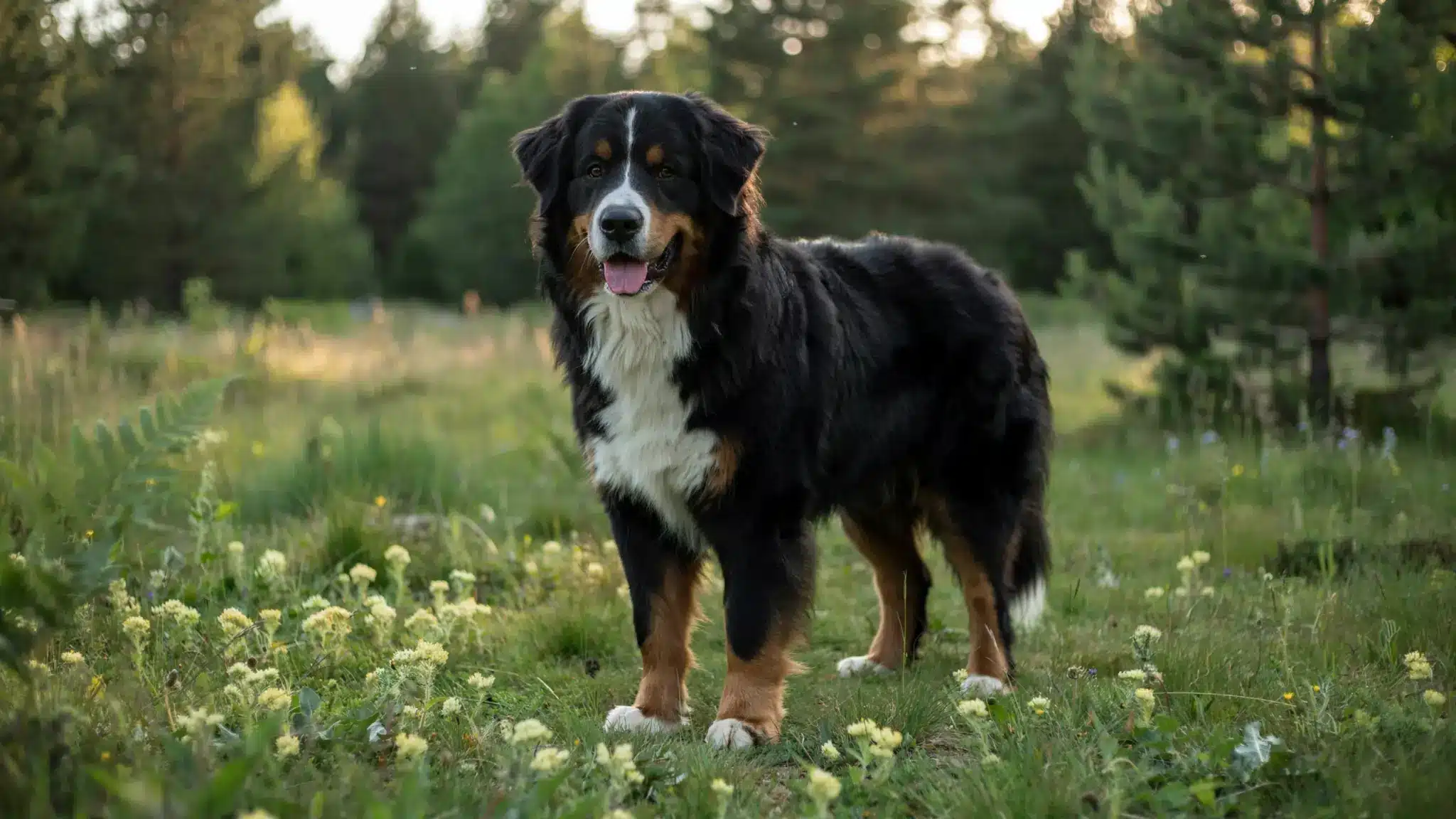 bernese mountain dog with tri-color coat standing outdoors in a forest setting with a friendly expression