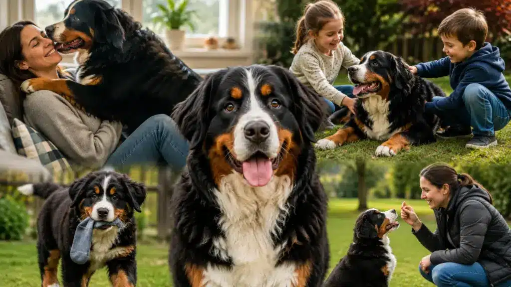 bernese mountain dogs showing affection family life puppy training and gentle temperament