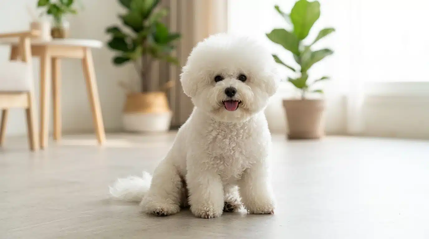 bichon frise dog with fluffy white coat sitting indoors and showing a cheerful friendly appearance