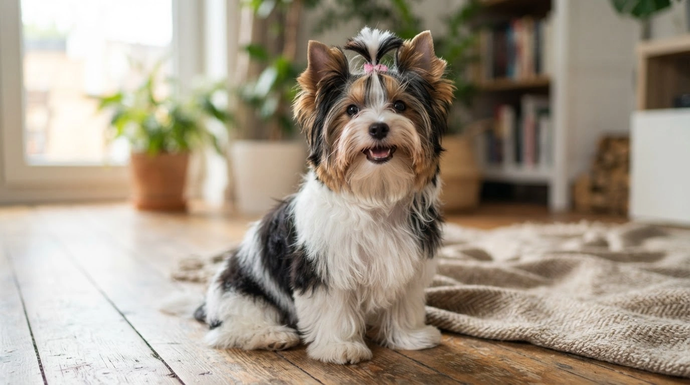 biewer terrier dog showing colorful silky coat