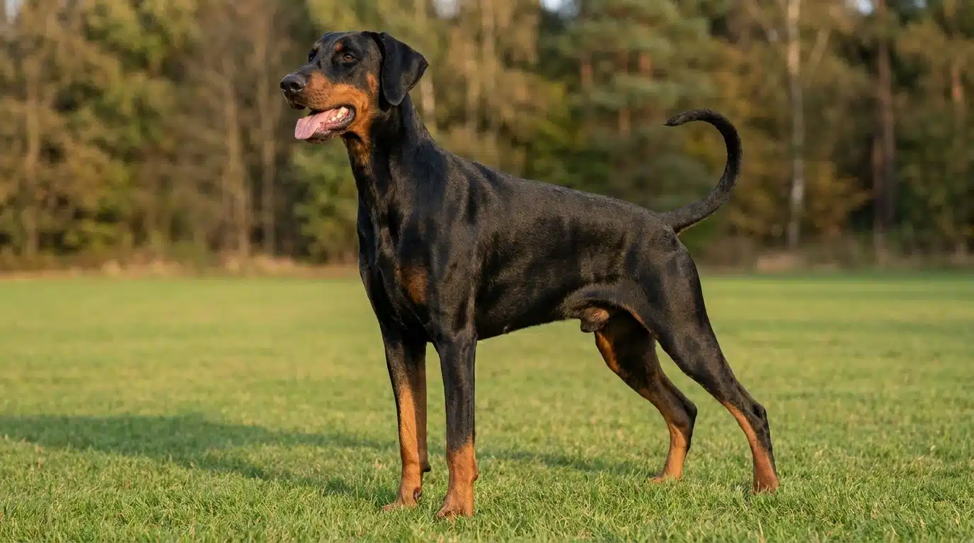 black and rust doberman pinscher running with a powerful balanced stride across an open field