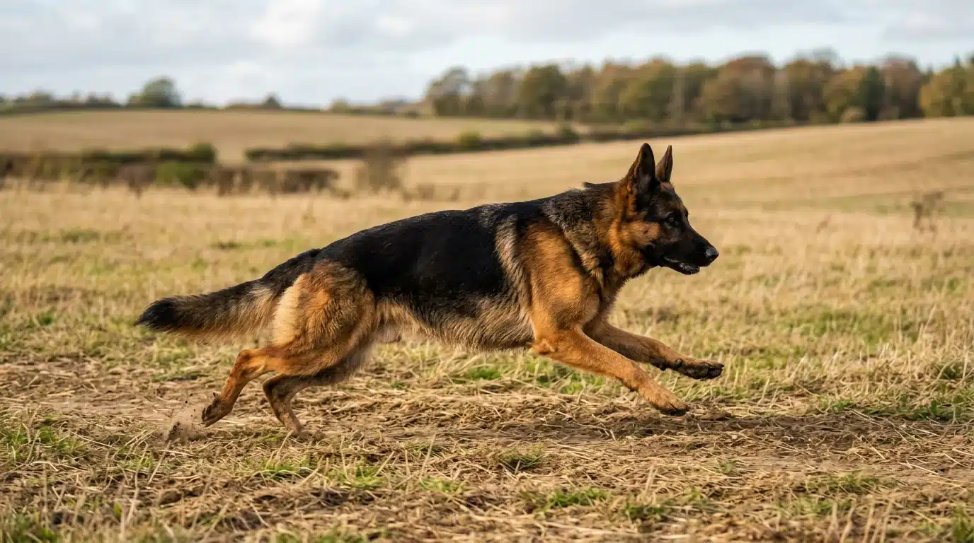 black and tan german shepherd running with a powerful extended gait across an open field