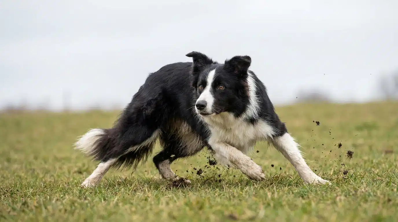 black and white border collie making a fast controlled turn across a green herding field