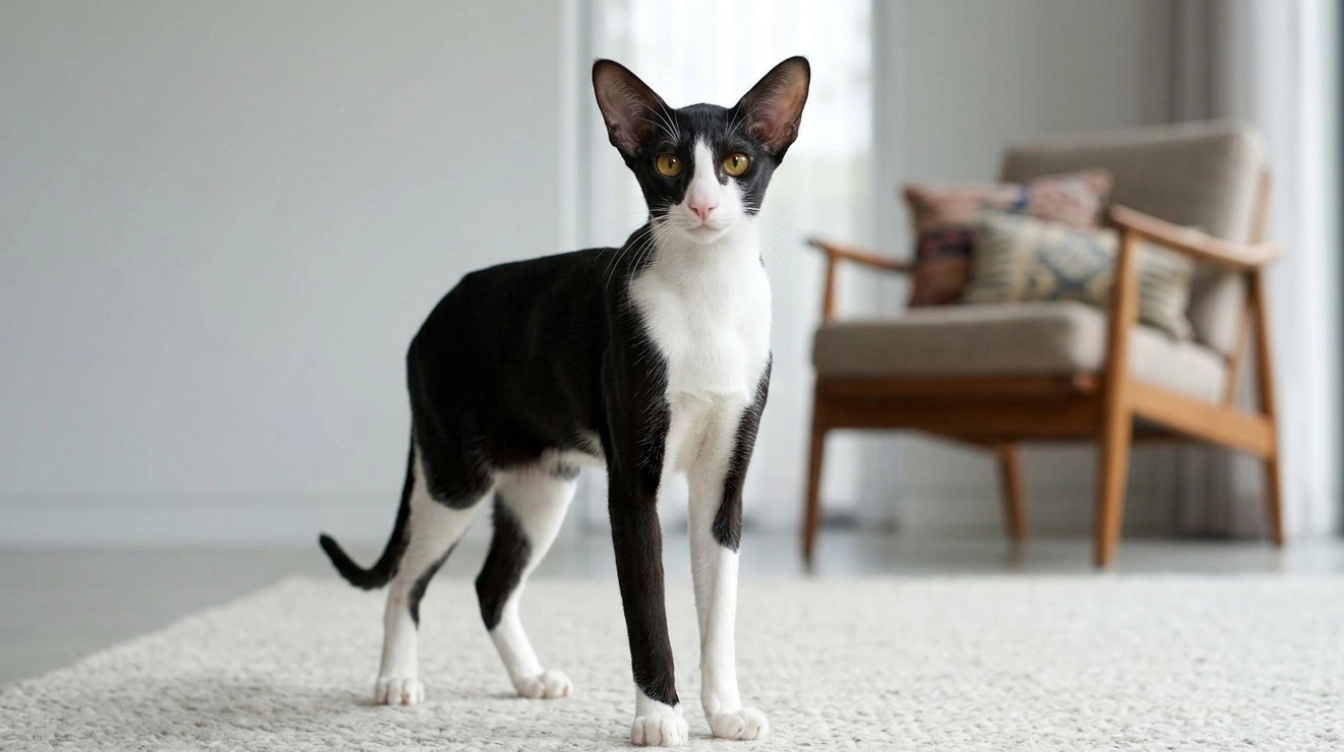 black and white oriental shorthair tuxedo cat with large ears and slim body