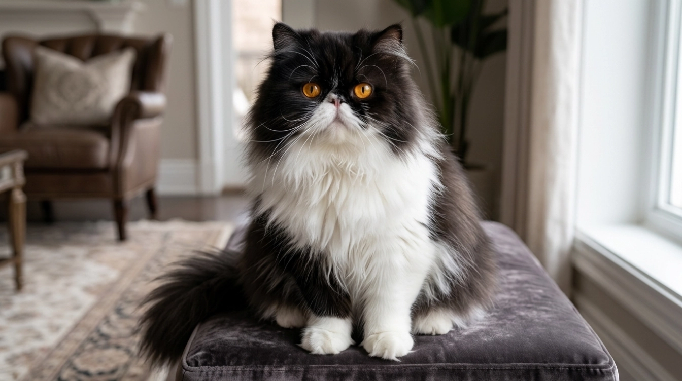 black and white persian tuxedo cat with flat face and long flowing fur