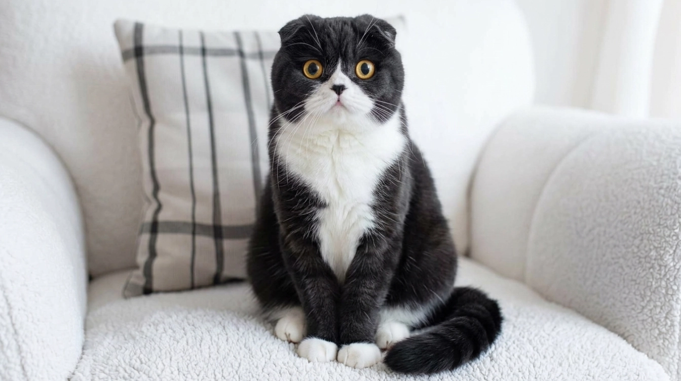 black and white scottish fold tuxedo cat with folded ears and golden eyes