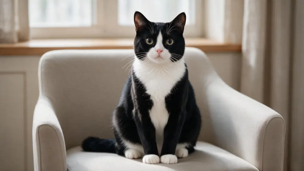 black and white tuxedo cat with white chest and paws