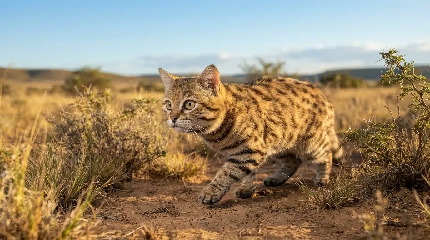 black footed cat standing in african grassland with realistic sandy fur
