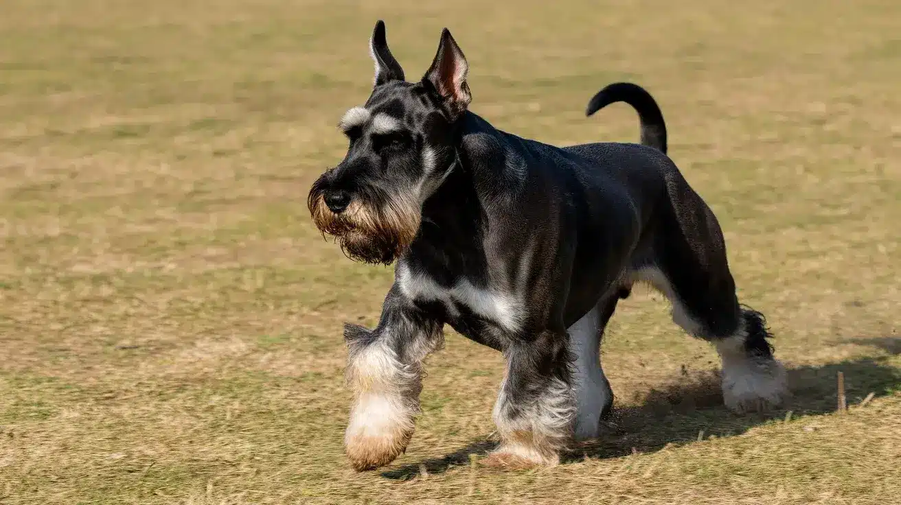 black giant schnauzer running across a spacious grass field with its beard moving naturally
