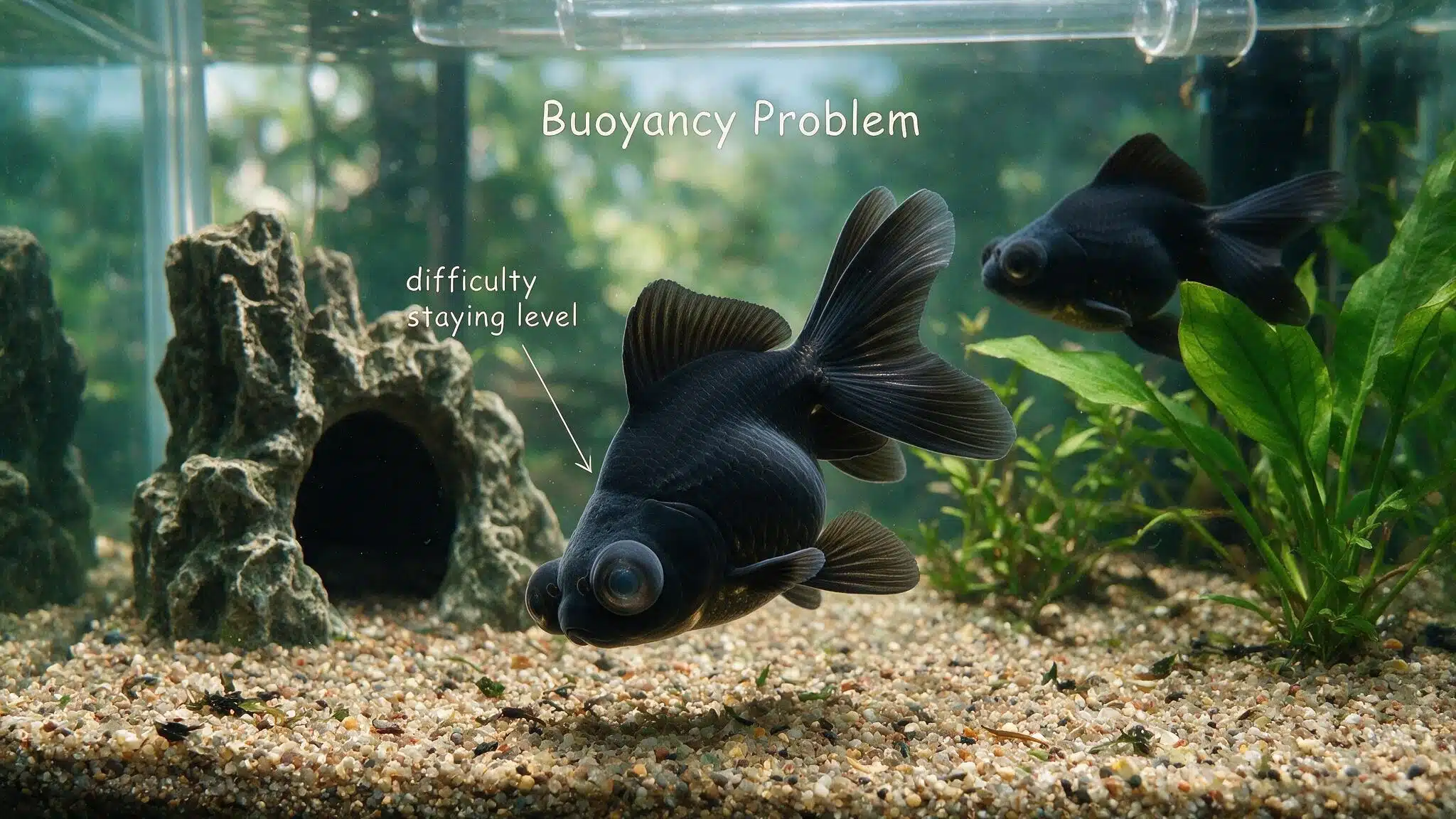 black moor goldfish tilted sideways in an aquarium while struggling to remain level