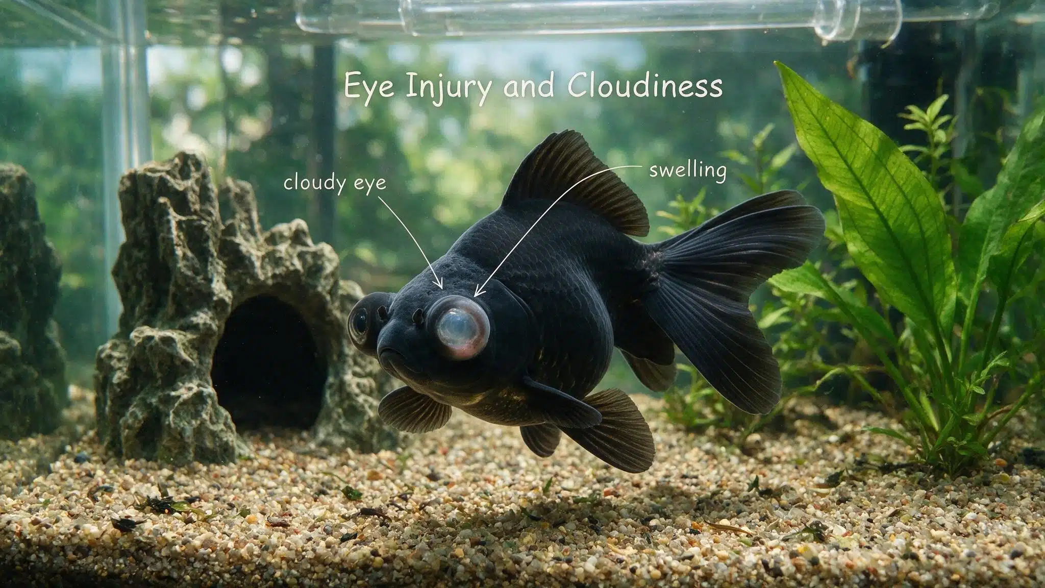 black moor goldfish with one cloudy swollen eye beside a rough aquarium ornament
