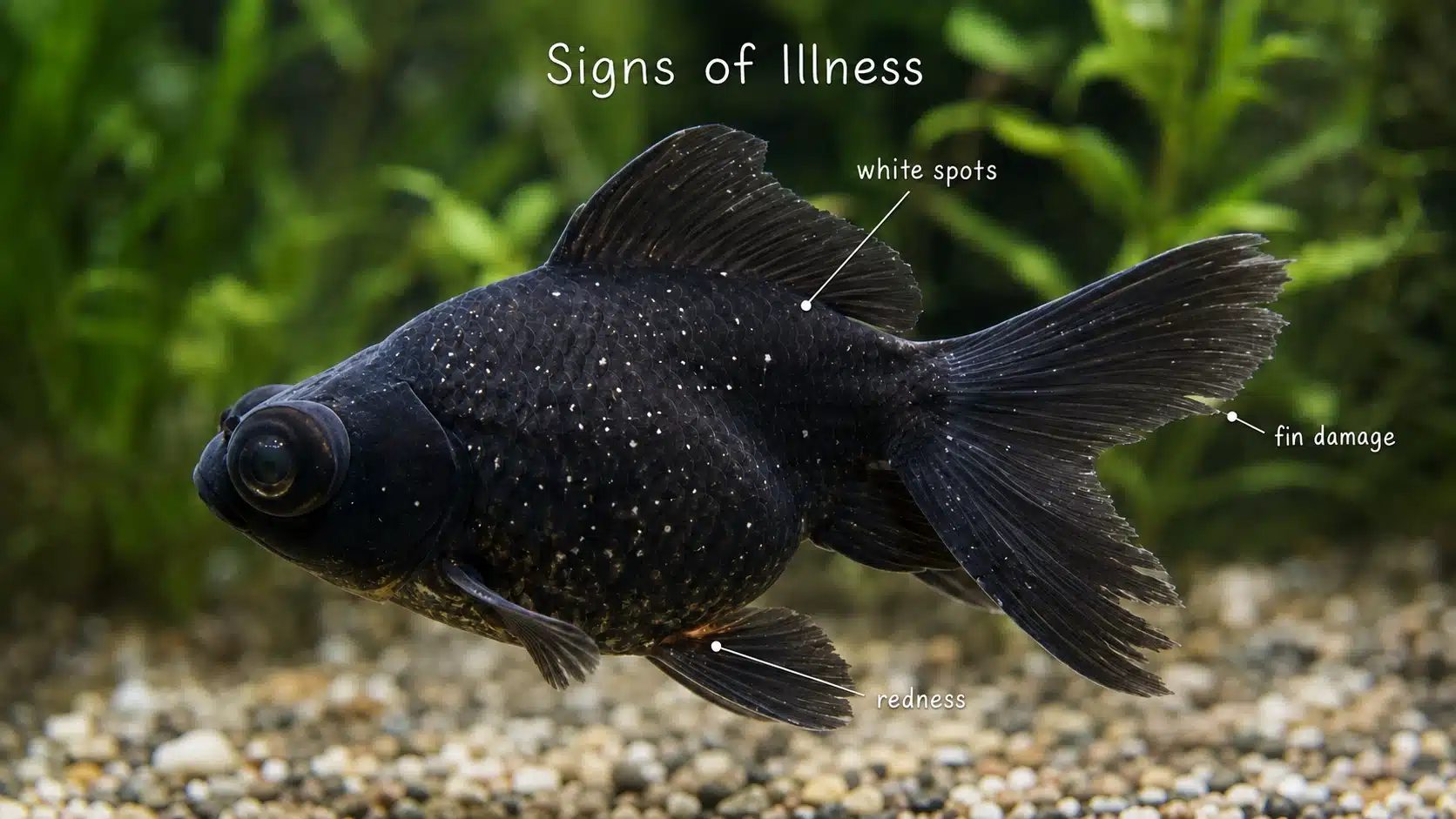 black moor goldfish with small white spots frayed fins and mild redness near the fin base