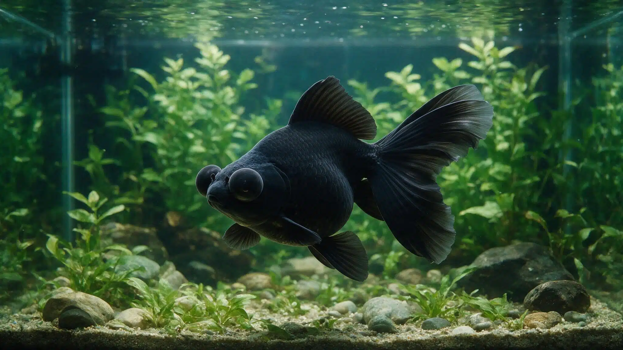 black moor goldfish with telescope eyes swimming above sand and plants in a clear aquarium