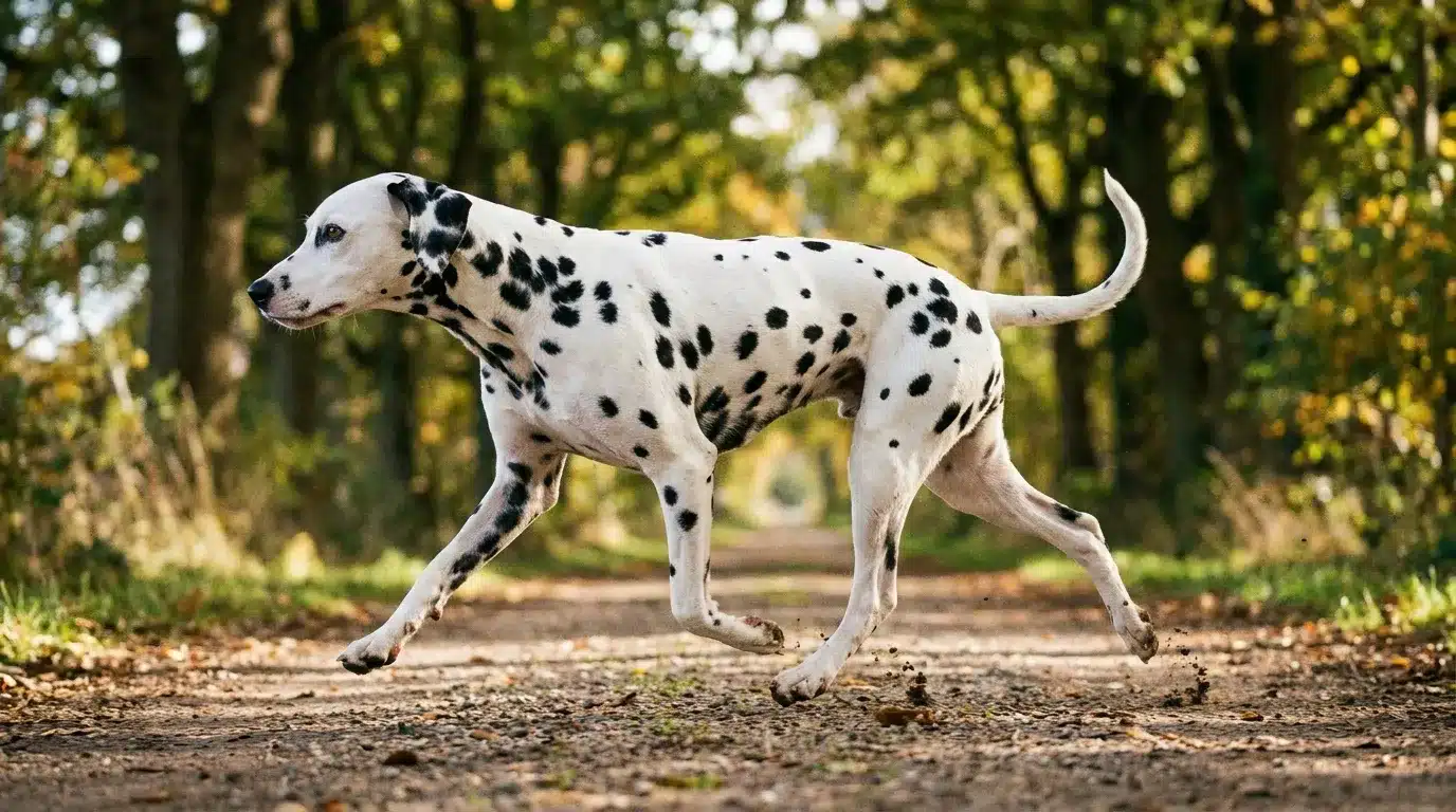 black spotted dalmatian running at a steady pace along a quiet tree lined country road
