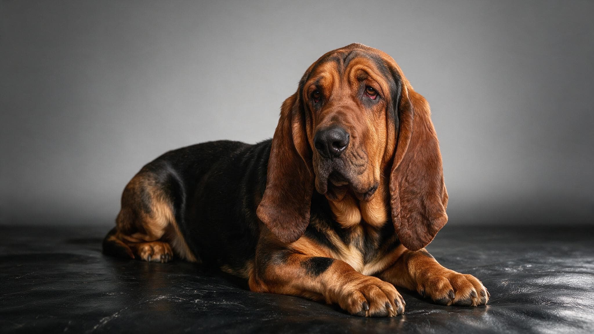 bloodhound sitting relaxingly with a dark background