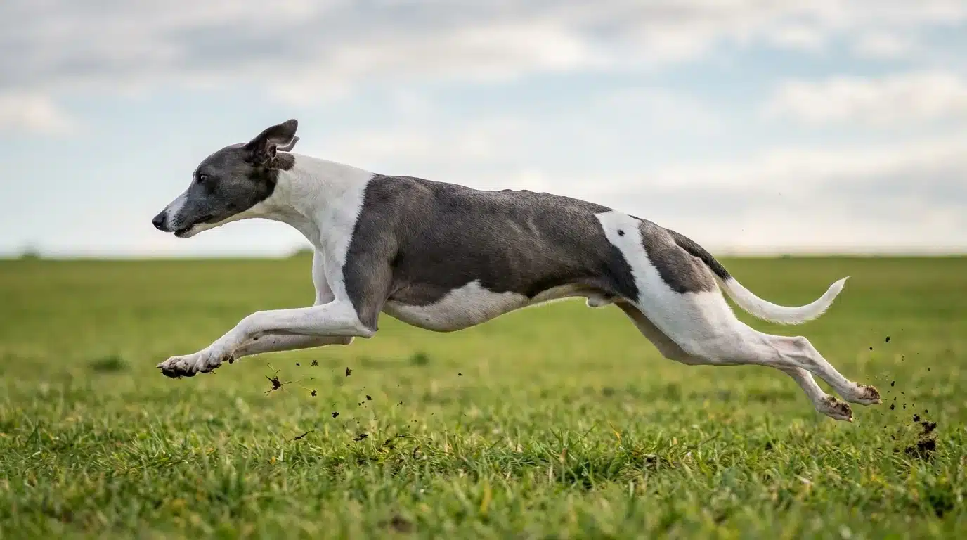 blue and white whippet sprinting across a green field with its lean body fully extended