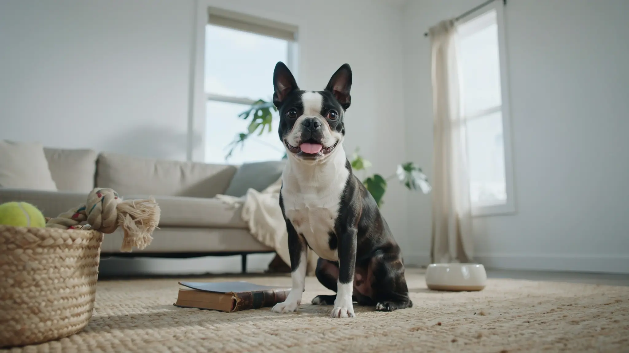 boston terrier dog sitting indoors showing its black and white coat and compact companion dog appearance
