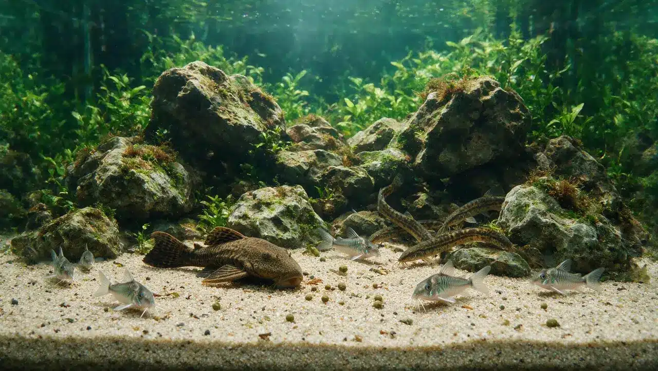 bottom feeding fish searching for sinking food near rocks plants and aquarium substrate