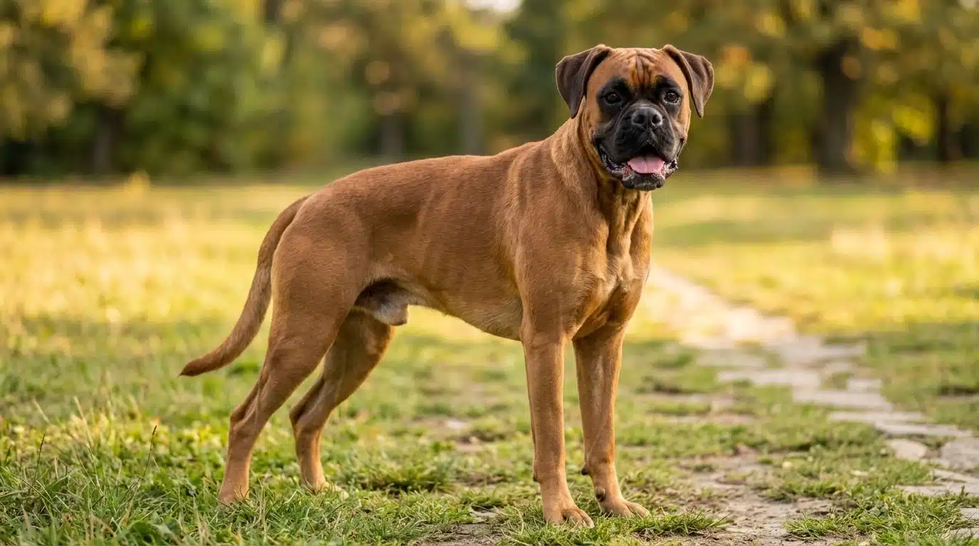 boxer dog with muscular build standing outdoors and showing a playful friendly expression