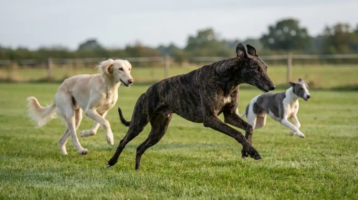 brindle greyhound leading a saluki and whippet as they race across a sunlit green field