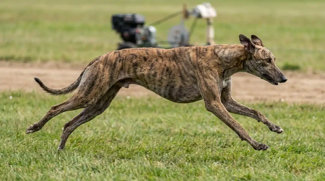 brindle greyhound sprinting at full speed across a green lure coursing field in natural daylight
