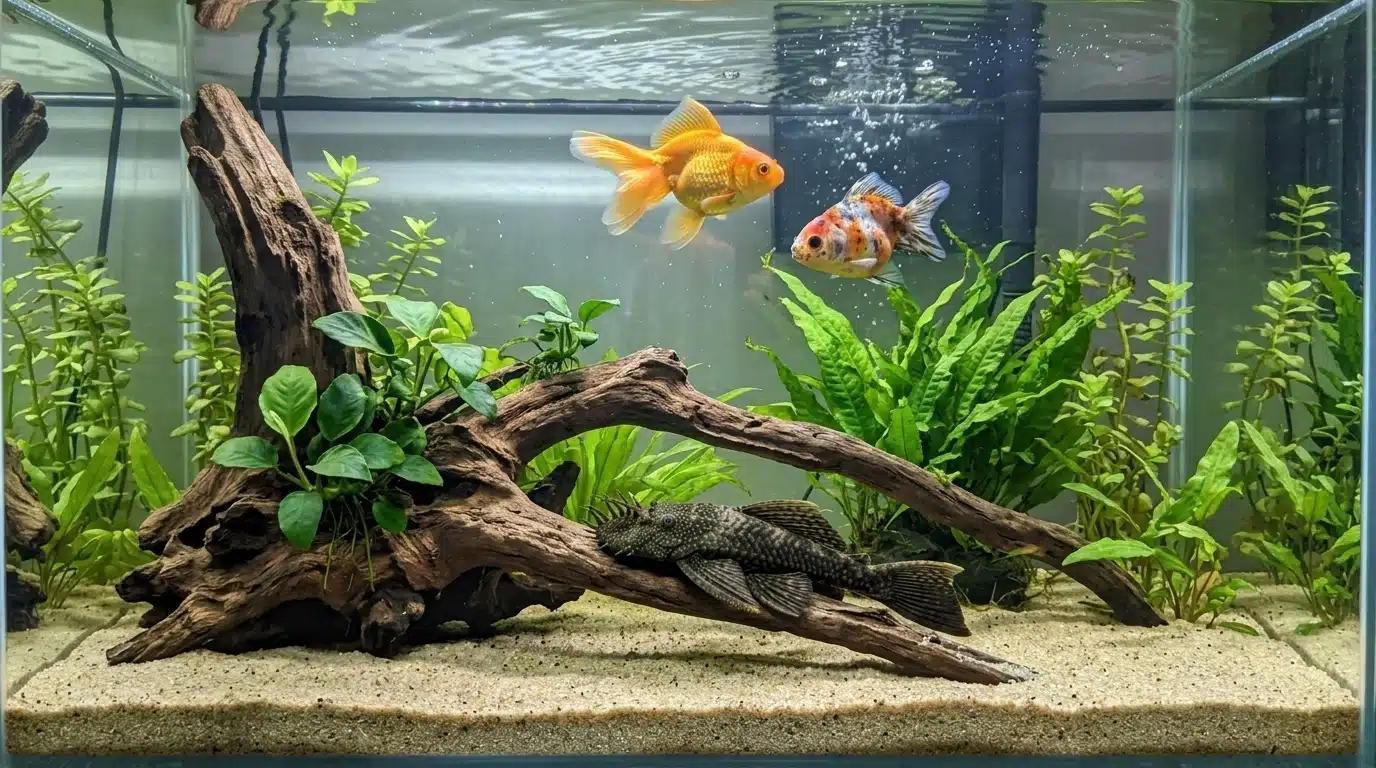 bristlenose pleco resting on driftwood with goldfish in freshwater tank