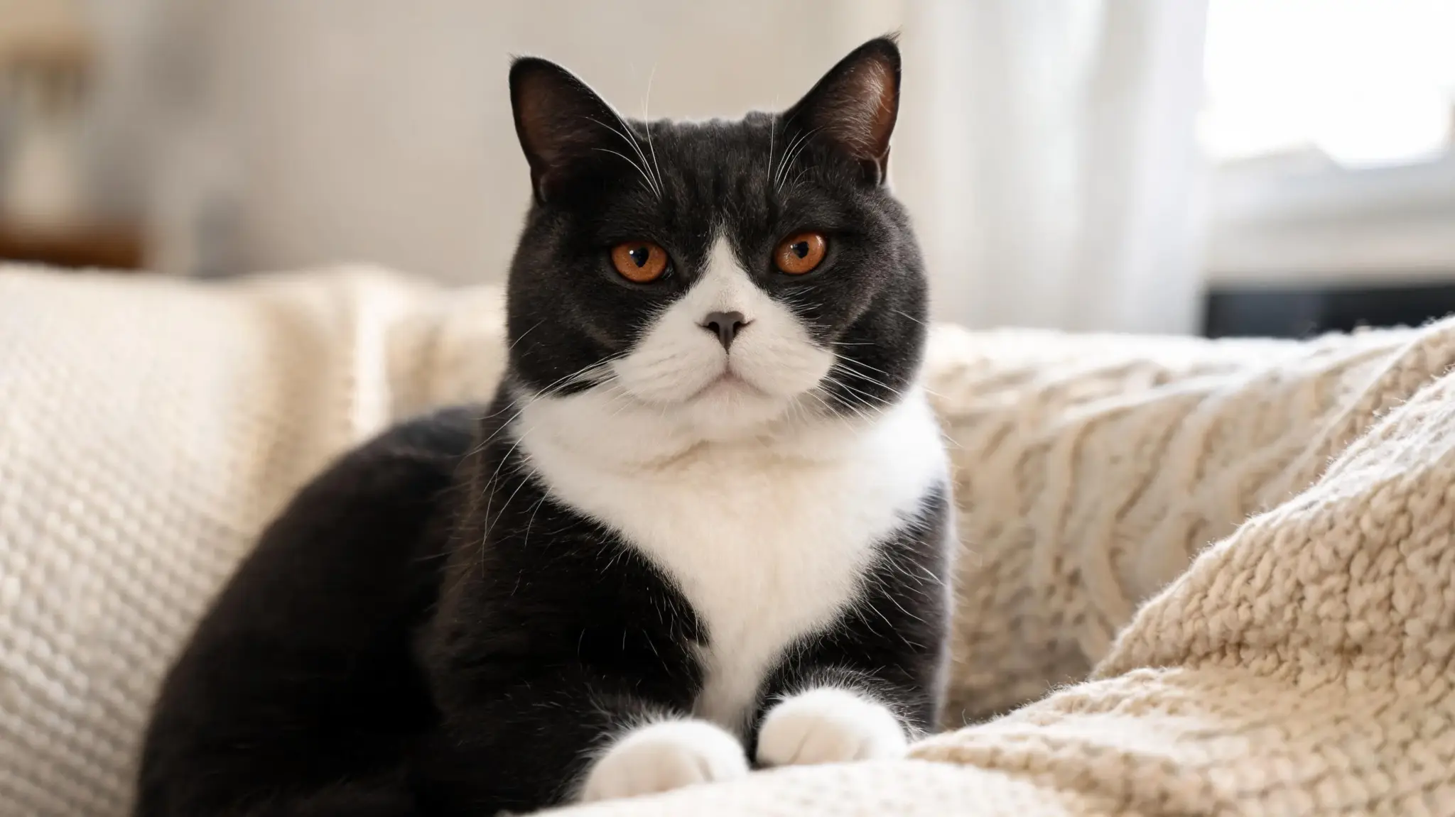 british shorthair tuxedo cat with black and white fur and plush coat.