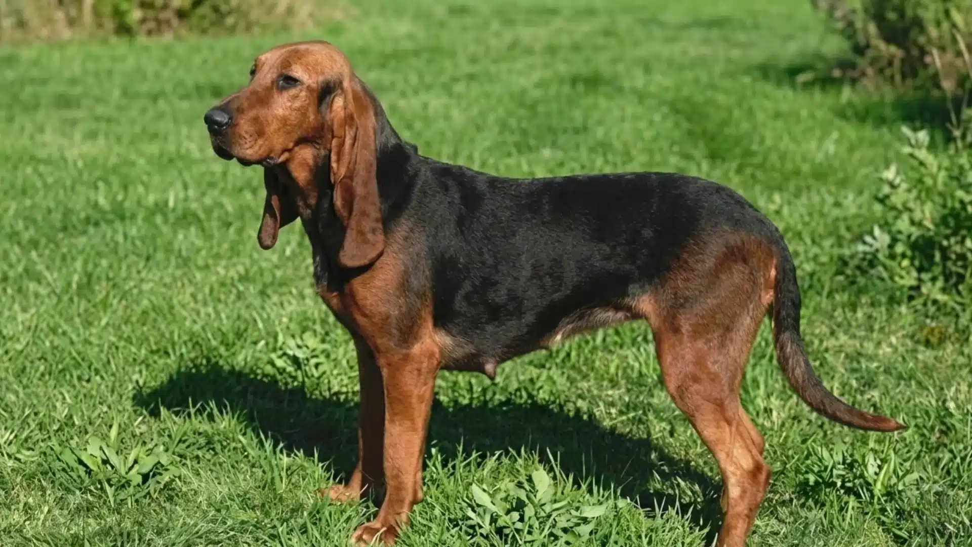 bruno jura hound standing on green grass with black and tan coat in outdoor setting