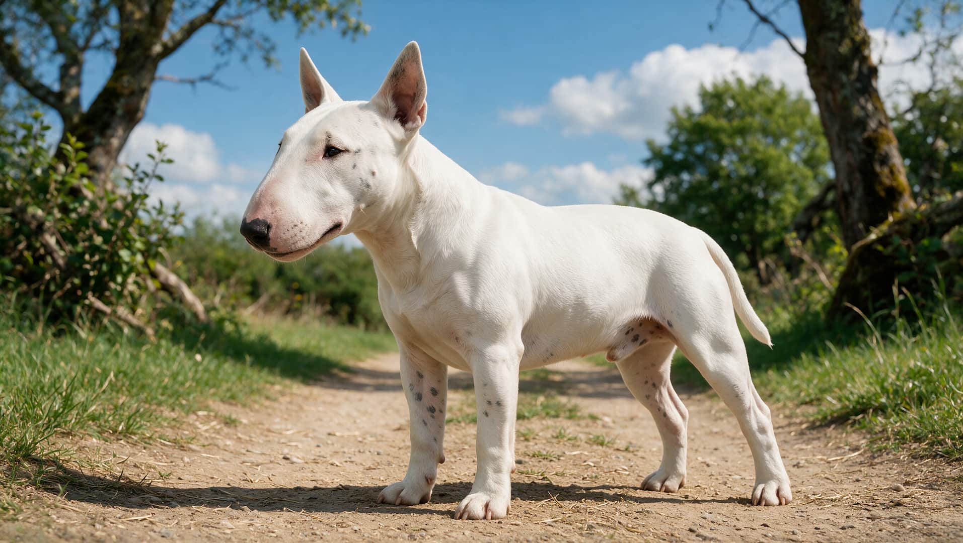 Bull Terrier dog with egg shaped head outdoors