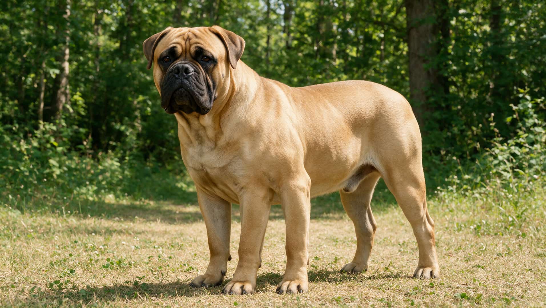 Bullmastiff dog with black facial mask outdoors