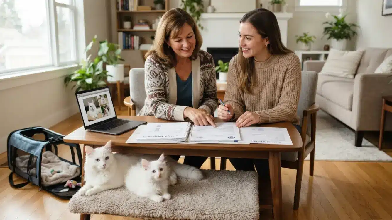 buyer reviewing turkish angora health records and registration with a responsible cat breeder