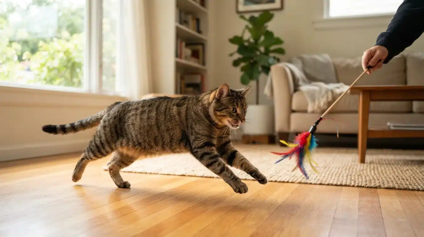 cat chasing toy indoors during playful energy burst after active play session