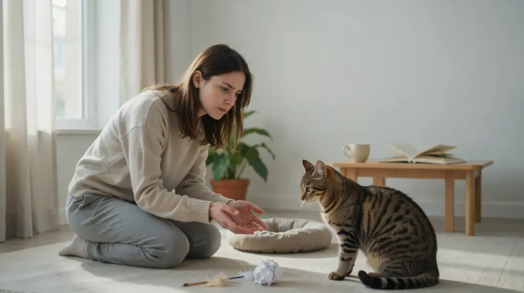 cat owner noticing subtle signs of pain in a quiet cat at home