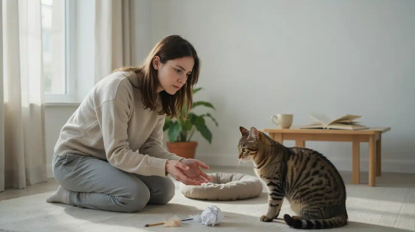 cat owner noticing subtle signs of pain in a quiet cat at home