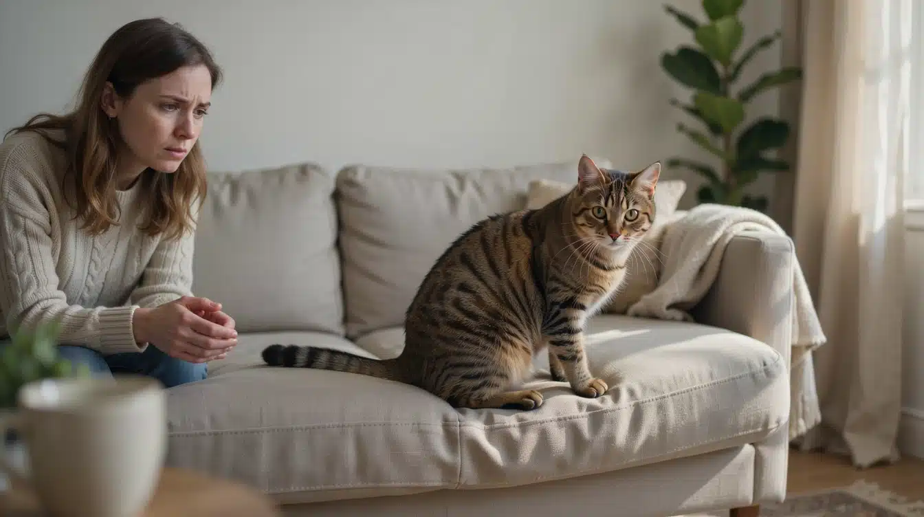 cat owner observing a tabby cat showing signs of discomfort during feline hyperesthesia syndrome episode