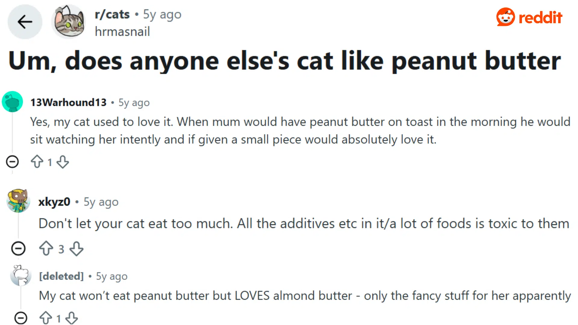 cat owners discussing peanut butter safety experiences and feeding concerns on reddit
