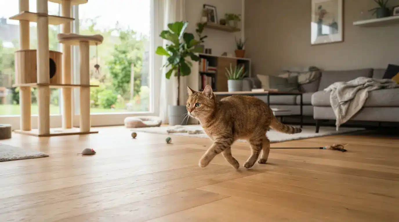 cat playing safely in open indoor space with toys during normal zoomie activity