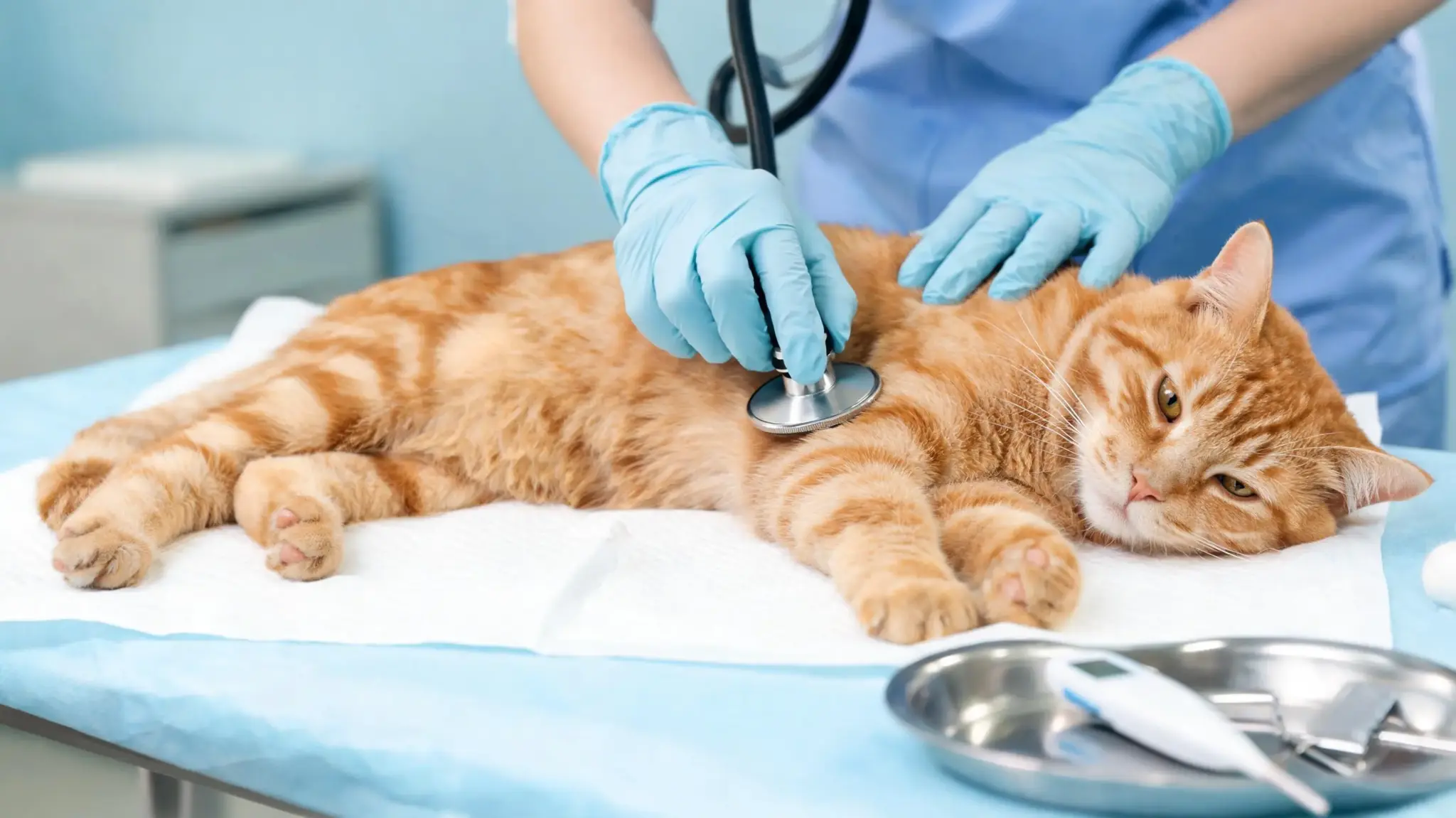 cat receiving veterinary examination before neutering procedure