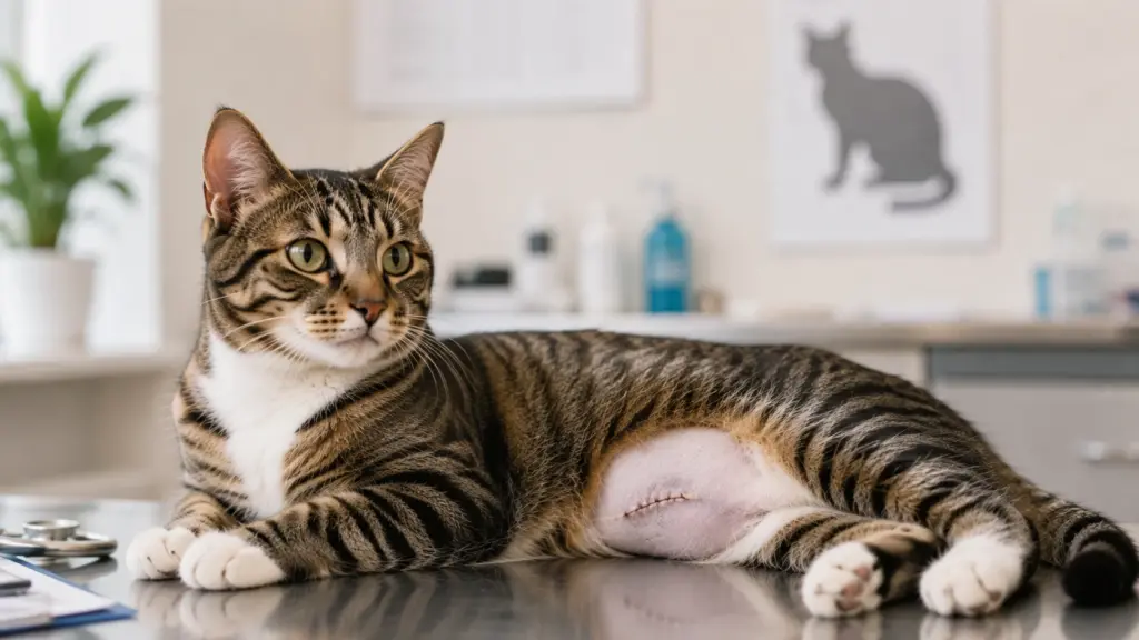 cat recovering after neutering at veterinary clinic with surgical area visible