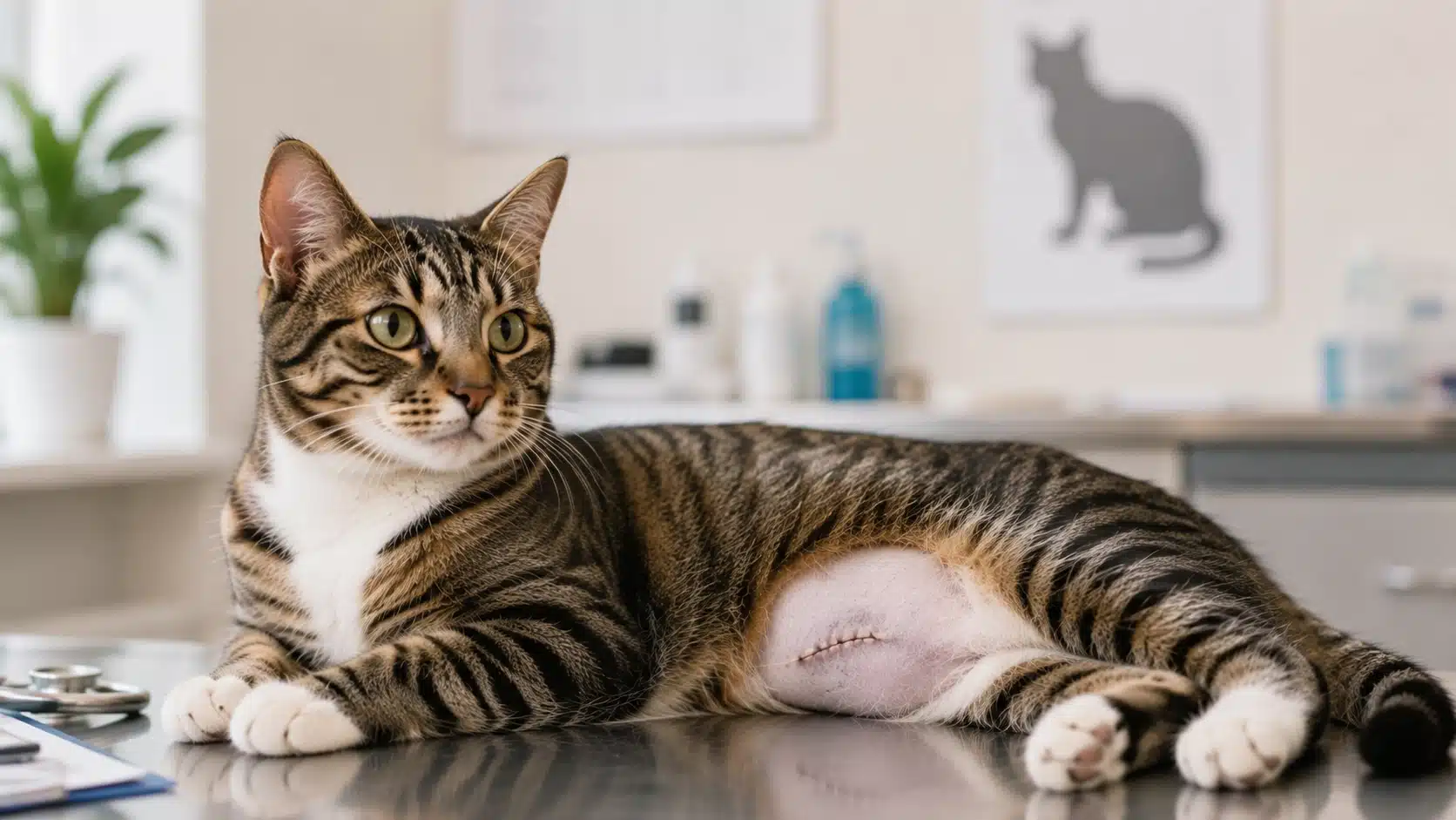 cat recovering after neutering at veterinary clinic with surgical area visible