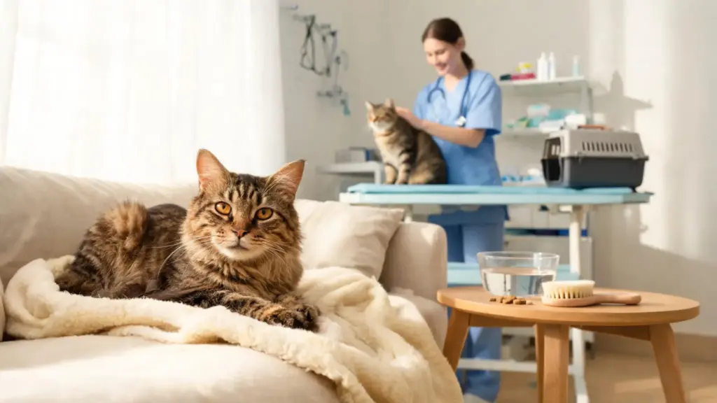 cat resting comfortably at home with veterinarian performing a health check in background