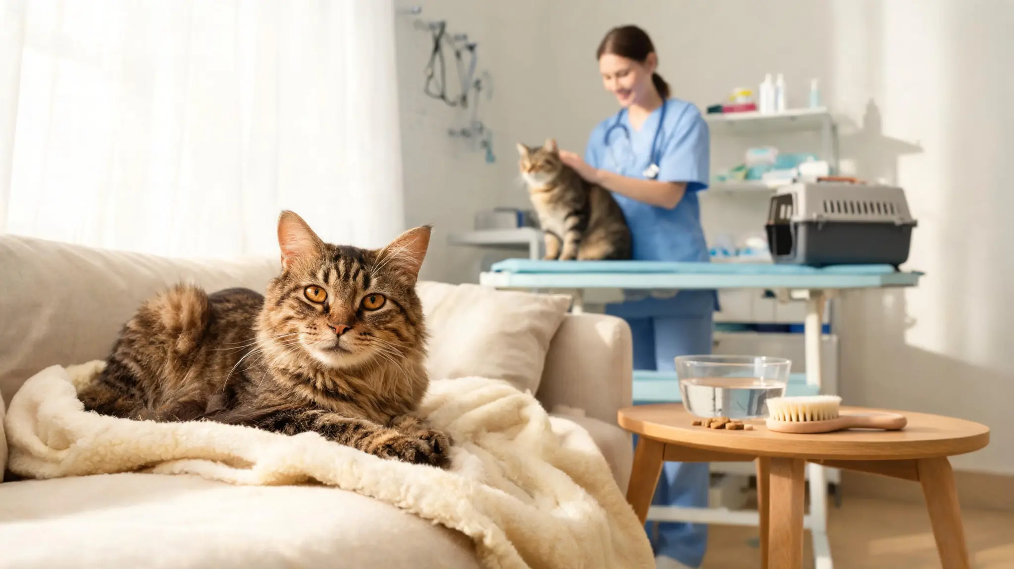 cat resting comfortably at home with veterinarian performing a health check in background